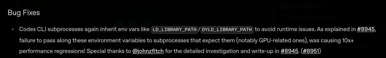 Release notes 'Bug Fixes' section mentioning LD_LIBRARY_PATH/DYLD_LIBRARY_PATH inheritance and crediting @johnzfitch.