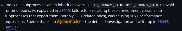 Release notes excerpt mentioning LD_LIBRARY_PATH/DYLD_LIBRARY_PATH inheritance and crediting @johnzfitch.